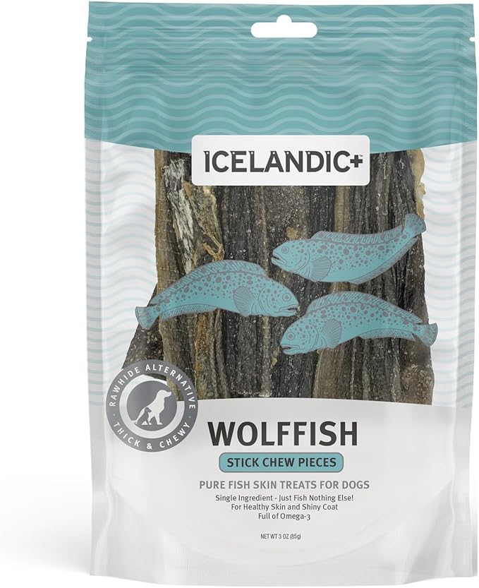 Icelandic+ Stick Chew Pieces: Wolffish - 3oz Bag, Pure Fish Skin Dog Treats, Wild-Caught & Air-Dried, Single Ingredient Pet Snacks, Just The Fish
