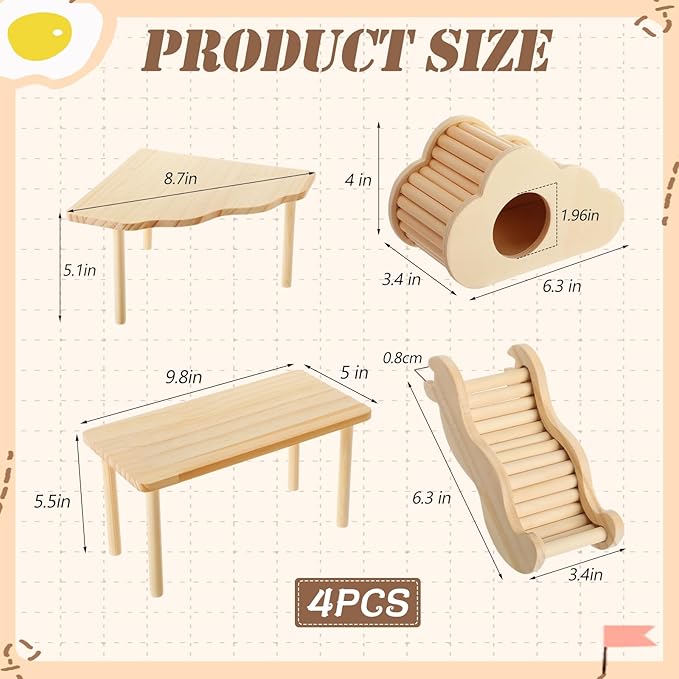 BreezeHug 4 Pcs Hamster Platform Hideout Wooden Tunnel Ladder Playhouse Hamster Game Climbing Toy with Platform Cage Accessories for Small Pets Dwarf Syrian Mice Degus Gerbils Squirrel(Cloud)