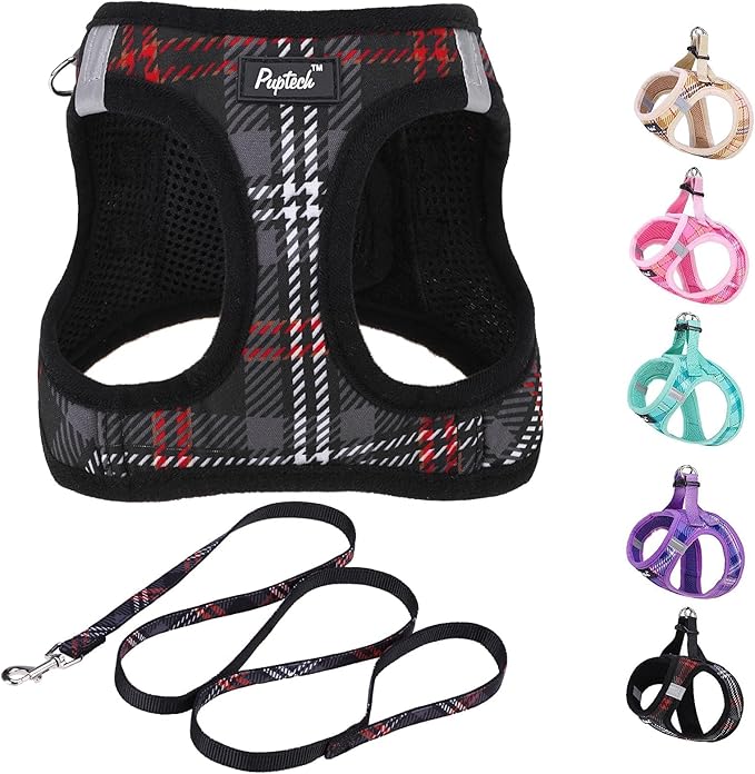 PUPTECK Dog Harness and Leash Set for Small Medium Dogs No Pull Step-in Soft Mesh Puppy Cat Vest Harnesses Reflective at Night, Plaid Pattern Black XS