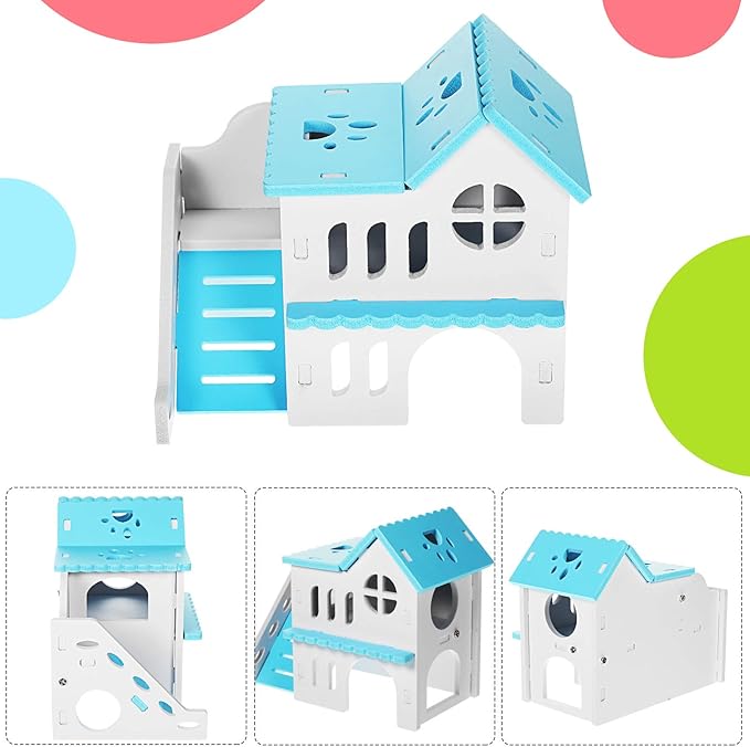 Skylety 5 Pcs Hamster Toys Include Wooden Accessories Hamster House Guinea Pig Hideout Rainbow Bridge Seesaw Swing Exercise Circle Cage Toy for Small Animals(6.3 x 3.93 x 5.5 Inch,Blue)