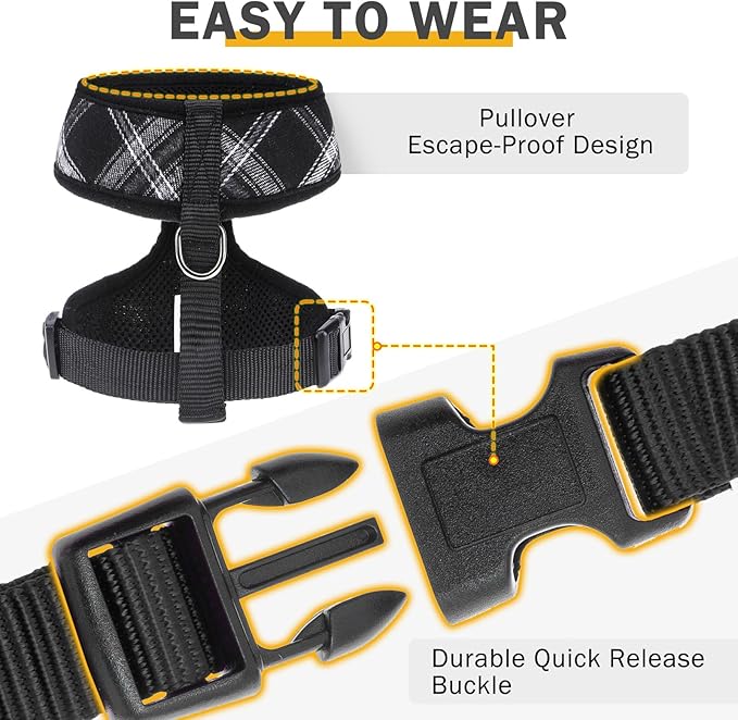 SCENEREAL No Pull Dog Harness Collar and Leash Set Small Medium Sized Dog, Soft Mesh Puppy Harnesses, No Chock Plaid Adjustable Pet Vest for Outdoor Walking Training and Running, Black XS