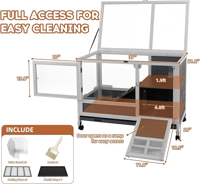 Rabbit Hutch Indoor with Chew-Proof Ramp & Leak-Proof Trays Urine Guards/Netting Floor,Doors.37 Wooden Rabbit Cage with Wheels for Rabbits, Guinea Pigs Small Animal