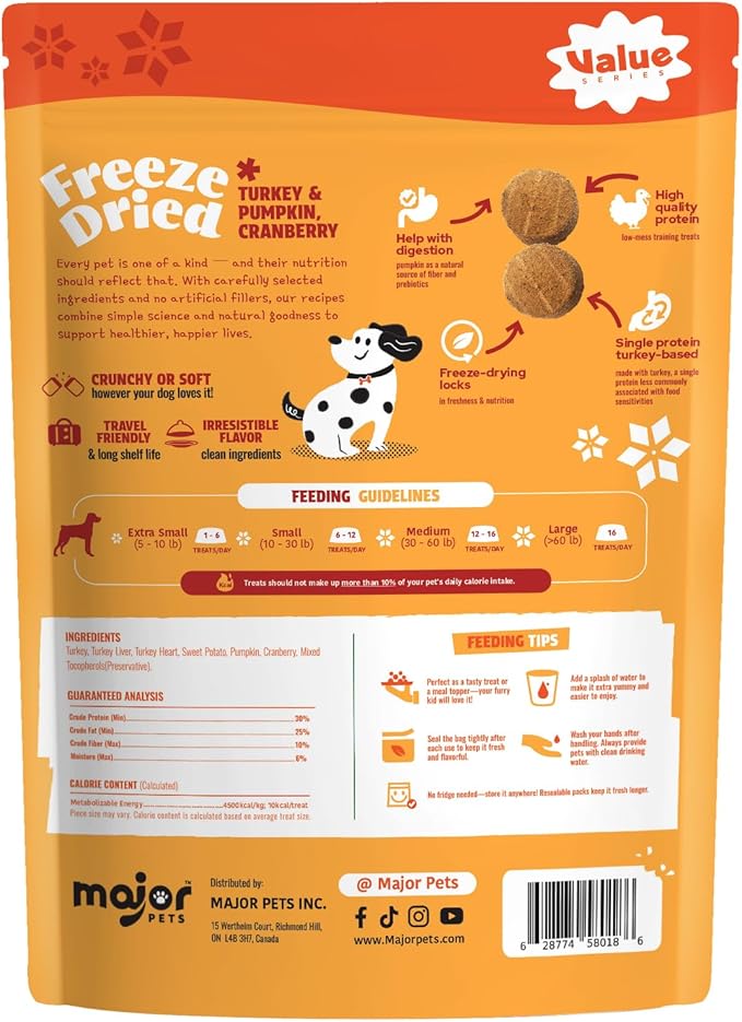 MAJOR PETS Freeze Dried Turkey Dog Treats with Pumpkin & Cranberry, Limited Ingredient High Protein Snacks for Digestive & Urinary Health, Grain Free, Training Reward & Meal Topper, Made in USA, 5oz