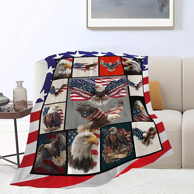 Eagle Throw Blanket American Flag Bald Eagle Stuff Gifts for Kids Girls Boys Adults Women Men Soft Cozy Warm Plush Fluffy Fuzzy Fleece Blanket Decor 60''X80''