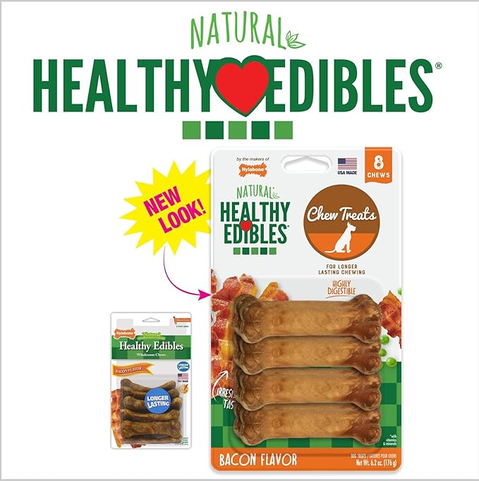 Nylabone Healthy Edibles Long Lasting Chew Treats. (3) 8 Count Pakcs of Bacon Flavor Tereats for X-Small/Petite Dogs. 24 Total Treats.