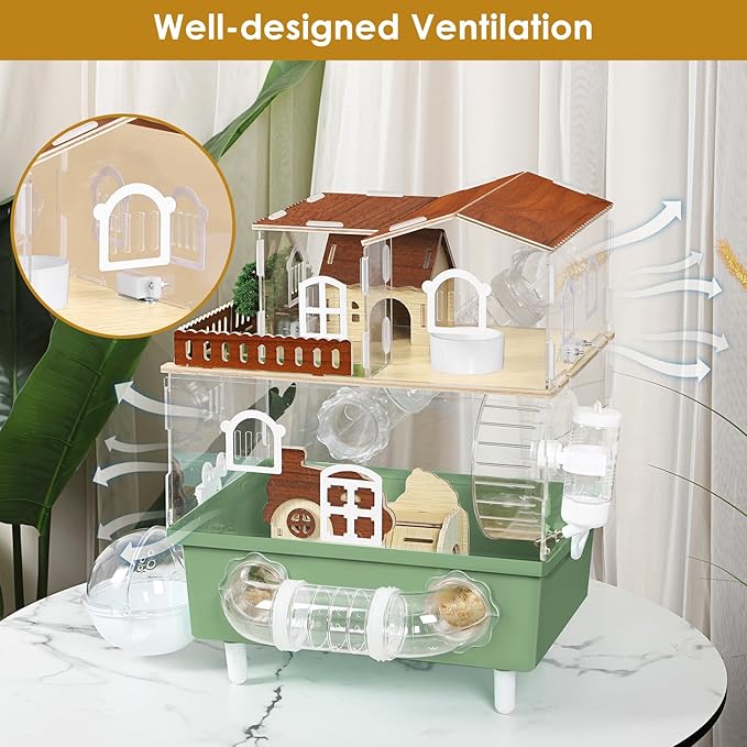 Large Hamster Cage Acrylic Hamster Enclosure with Hideout, Wheel & Tunnels Clear Hamster Habitats for Syrian Dwarf Hamster, 3 Tier Animal Gerbil Cage for Pet Mice House, 13.3" L x 9.8" W x 17.4" H