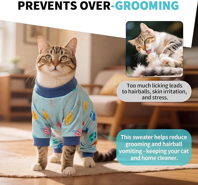Sticky Hair Cat Clothes, Anti-Shedding Cat Pajamas, Post-Surgery Recovery Onesie, Soft Breathable, Prevents Licking & Scratching Wounds, Warm Cats Sweater, Sphynx Cats Clothing- Blue XXL