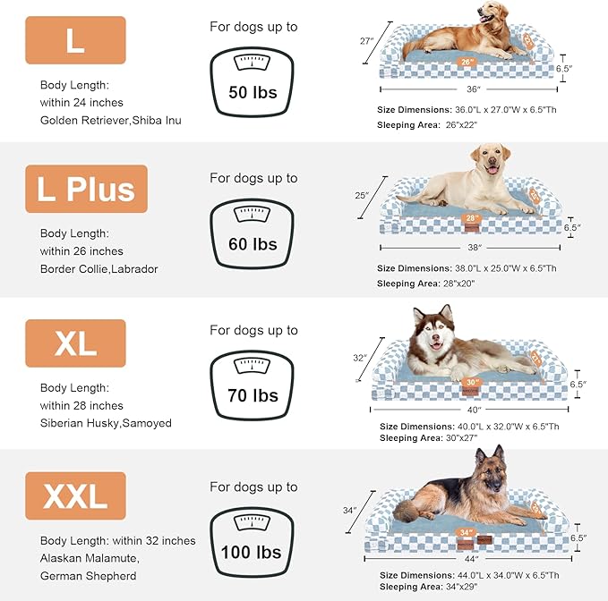 Large Dog Bed Orthopedic Washable: Beds Bolster XL Bed Large Big Dogs Egg Crate Foam Couch Sofa Waterproof with Removable Cover - Blue Grid