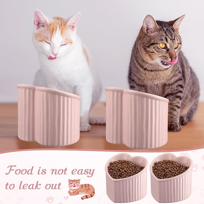 Mumufy 2 Pcs Ceramic Elevated Cat Bowls Tilted Elevated Raised Pet Bowls Anti Vomit Cat Dish for Indoor Stress Free Water Dish Feeder for Puppies, Heart Shaped(Pink)