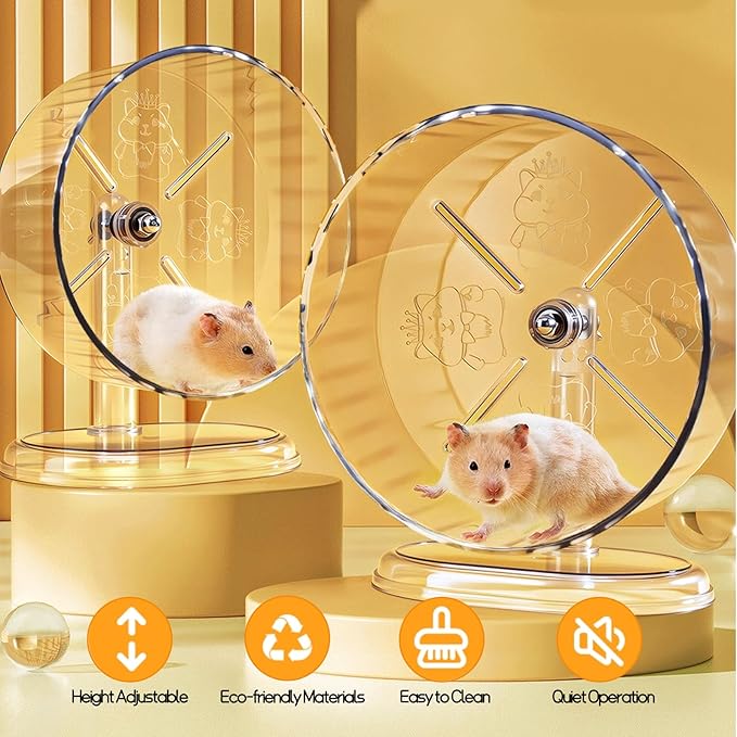 Silent Hamster Exercise Wheel,8.3 Inch Quiet Spinner Hamster Running Wheel,Silent Wheels with Anti-Skid & Adjustable Stand for Gerbils, Mice, or Other Small Pets,Transparent