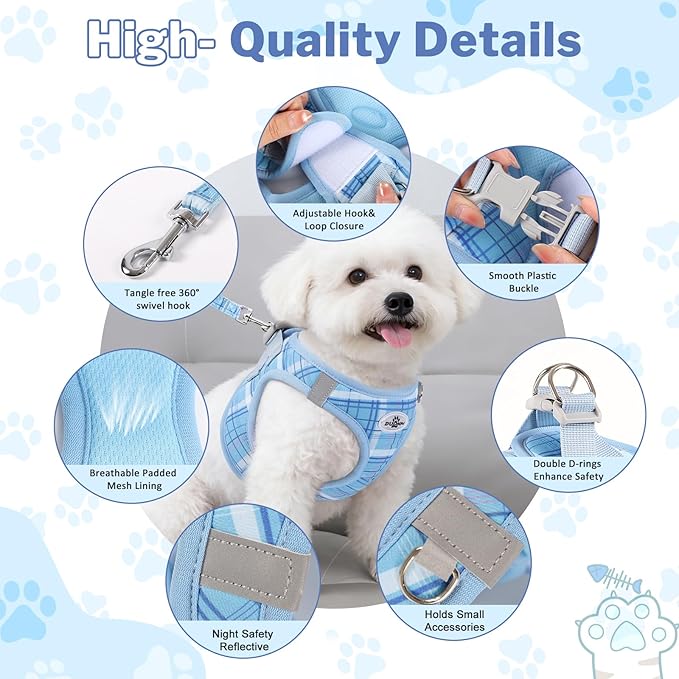 Gyuzh Dog Harness and Leash Set for Puppies - 3 Pieces Step in No Pull Vest & Collar, Extra Small Kitten Harness, Breathable Reflective Plaid, Padded Leash (Blue, S)