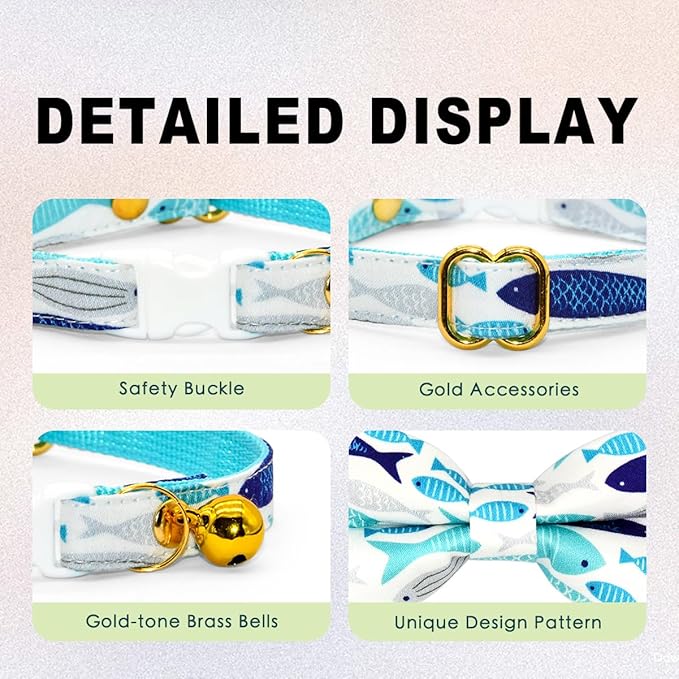Fish Cat Bow Tie Collar, Blue Cat Collar, Breakaway with Bell, Wedding/Birthday Cat Accessories