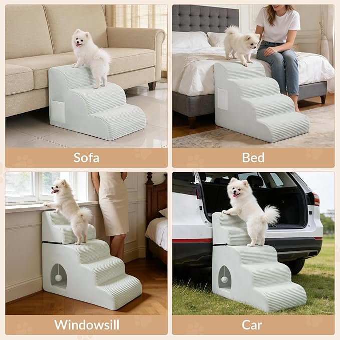 Dog Stairs for High Beds Up to 30" H with Tunnel,Extra Height 27.5" 5-Step Pet Steps for Small Dogs and Cats, Non-Slip Sturdy Dog Ramp with Anti-Tip Safety Strap and Removable Cover