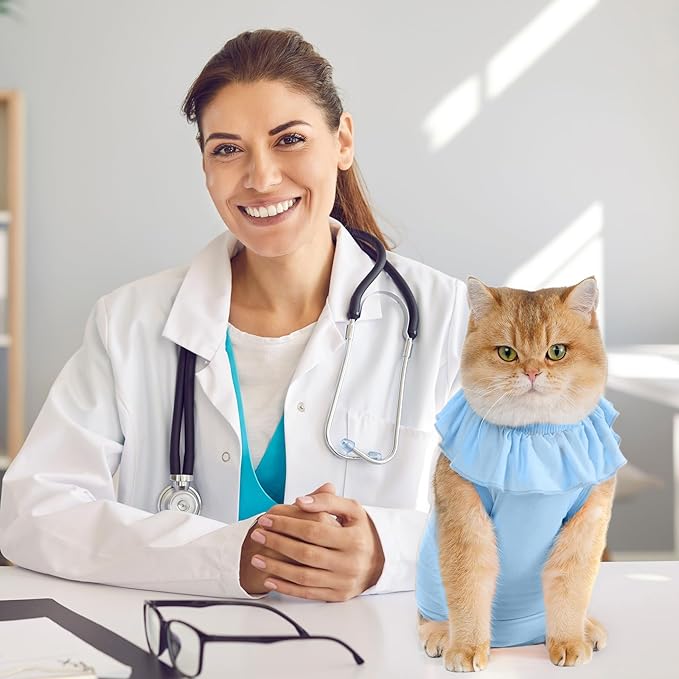 Avont Cat Recovery Suit - Kitten Onesie for Cats After Surgery, Cone of Shame Alternative Surgical Spay Suit with Ruffles for Female Cat, Post-Surgery or Skin Diseases Protection -Blue (M)