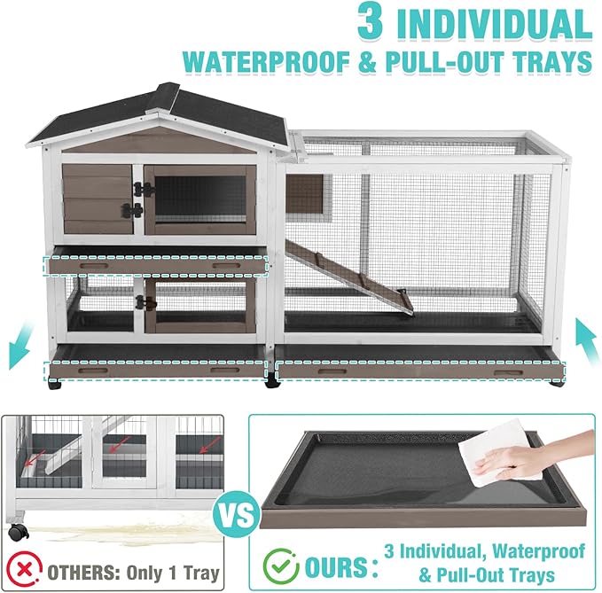 Suumerpety 62" Rabbit Hutch with Chew-Proof Ramp & Waterproof Roof - Indoor/Outdoor Bunny Cage, 2-Story Design, 6 Lockable Caster Wheels & Dual Pull-Out Trays (Brown)
