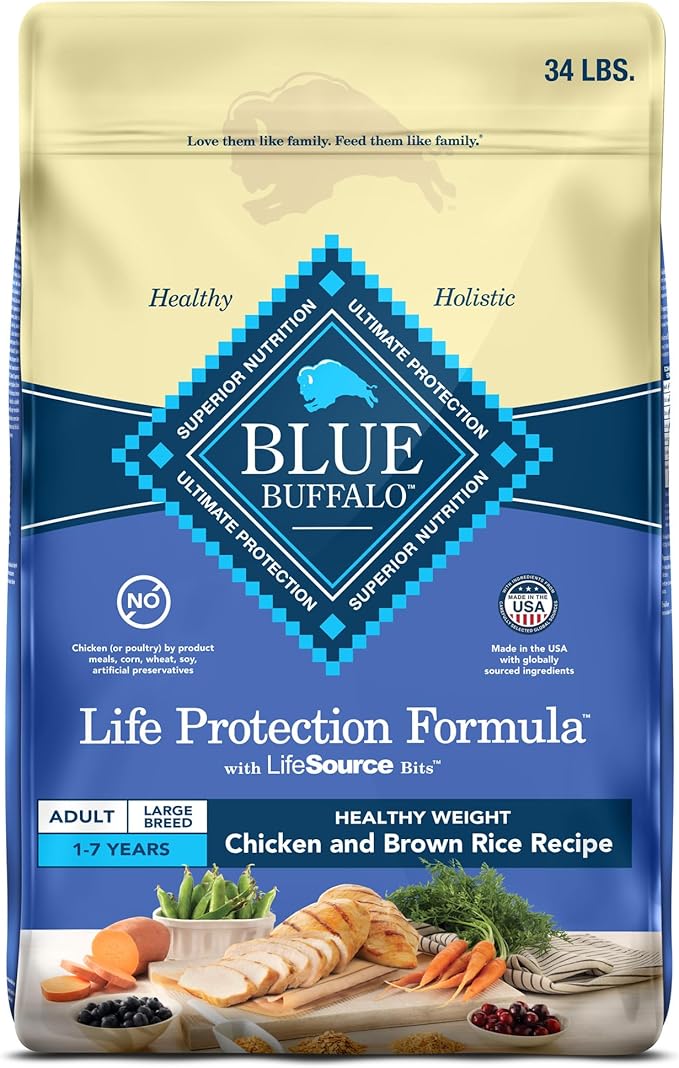 Blue Buffalo Life Protection Formula Healthy Weight Large Breed Adult Dry Dog Food for Weight Control, Made with Natural Ingredients, Chicken & Brown Rice Recipe, 34-lb Bag