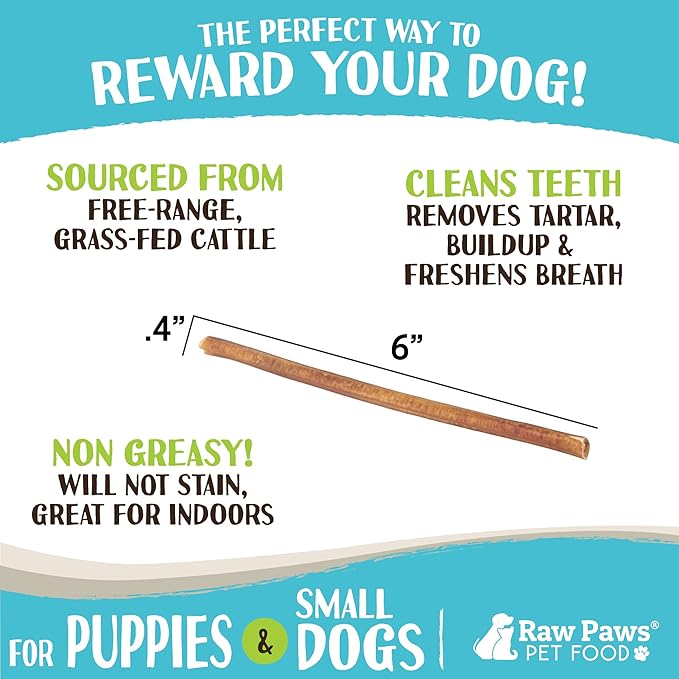 Raw Paws Thin Bully Sticks for Small Dogs, 6-Inch (5-Count) - Low Odor Bully Chews for Puppies - Free-Range Pizzle Sticks for Dogs - Single Ingredient Dog Chews - Rawhide Alternative - Long Lasting