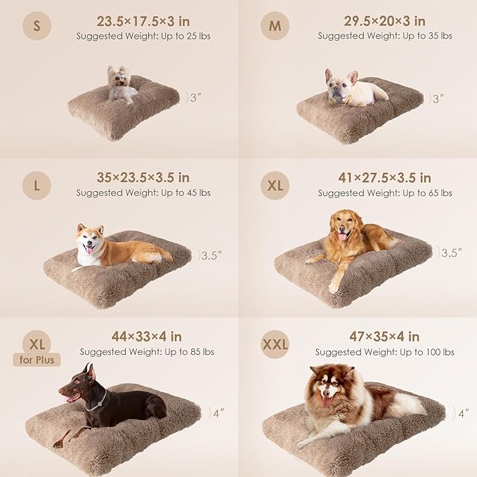 EHEYCIGA Fluffy Dog Crate Bed for Extra Large Dogs, Plush Faux Fur XLP Pad, Calming Anti Anxiety XL Plus Bed for Crate, Washable Soft Warm Dog Mat with Non-Slip Bottom, Camel