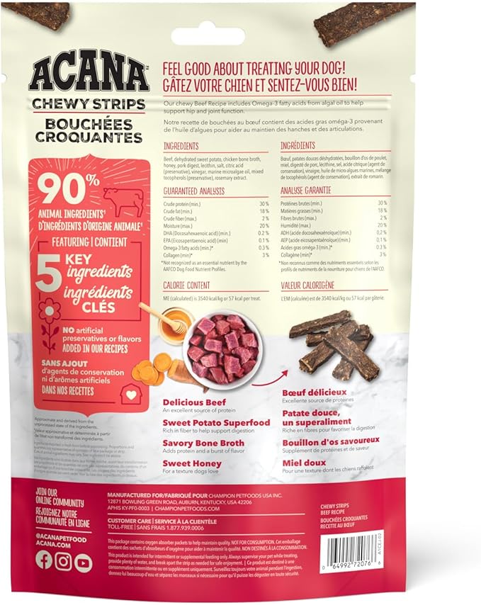 ACANA Chewy Strips Limited Ingredient Dog Treats Beef Recipe with Hip & Joint Support 4oz Bag