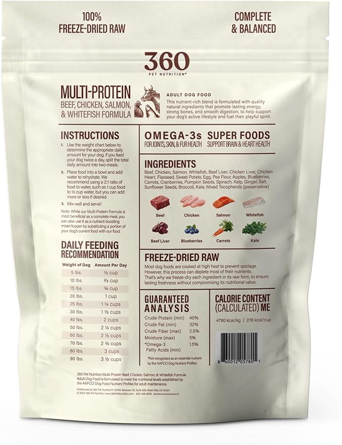 360 Pet Nutrition Freeze-Dried Raw Dog Food – Multi-Protein with Beef, Chicken, Fish, Liver & Organs, High Protein Omega-3s Fruits Veggies & Superfoods Grain-Free, No Fillers, 4 x 5 oz – Made in USA