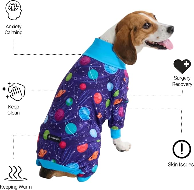 Spark Paws Dog Pajama, Dog Recovery Suit Male, Onesie, Ultra-Soft and 4-Way Stretch, for Small Medium and Large Breeds - Planets - 2XL