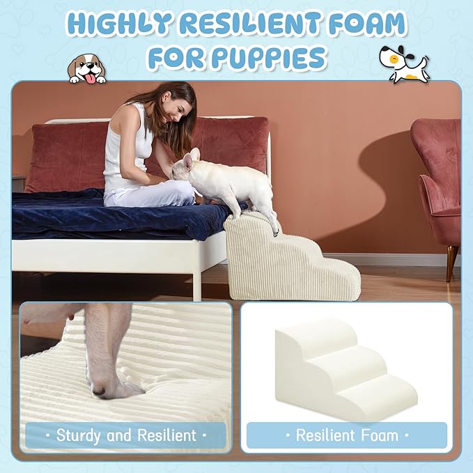 Mesa Lemon Dog Steps for Small Dogs, 4-Step Pet Ramp Stairs for High Beds and Sofa, Non-Slip Pet Stairs for Small Dogs and Cats, Removable and Easy to Clean Cover, Beige