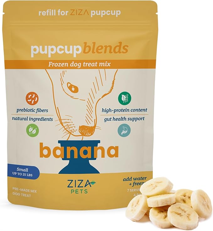 ZIZA PUPCUP Blends - Frozen Dog Treats Mix, Dog Ice Cream Mix, Natural Ingredients, High-Protein, Pre-Made Ice Cream Mix, Refill for ZIZA PUPCUP, Real Fruit Pieces, 7 Servings for Small Dogs, Banana