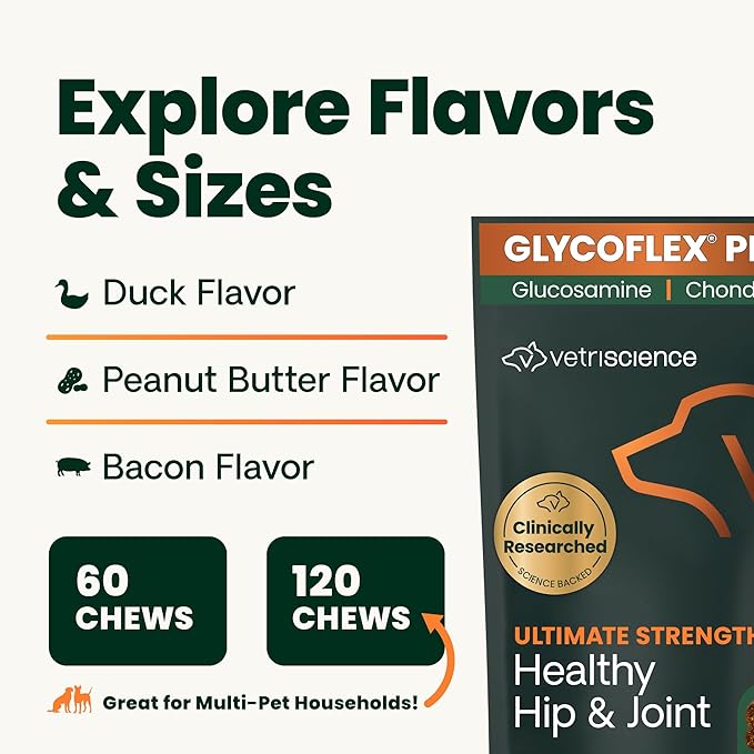 VetriScience Ultimate Strength Healthy Hip & Joint Chews, GlycoFlex Glucosamine, Chondroitin and Green-Lipped Mussel Joint Support Supplement for Dogs, Soothe Joint Discomfort, Bacon, 120 Count
