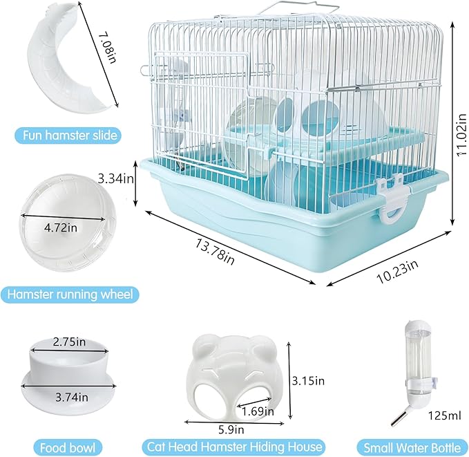 PINVNBY Dwarf Hamster Cage, Small Animal Cages, 2-Tier Travel Portable Mouse Cage Hamster Carrier with Castle House Running Exercise Wheels, Water Bottle and Food Dish（Blue）