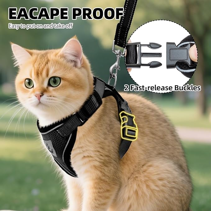 PUPTECK Cat Harness and Leash Set Escape Proof Reflective Cat Walking Harness Adjustable Soft Breathable Mesh Vest for Small Pets, Black, M