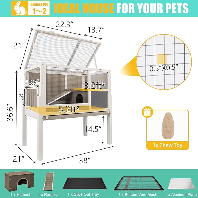 Ketive Rabbit Hutch Indoor, Wooden Bunny Hutch with Stand, Rabbit Cage with Ramp and Hideout, Small Animals Cage Habitat with Not Leakage Pull Out Tray for Rabbits, Guinea Pigs, Hamsters