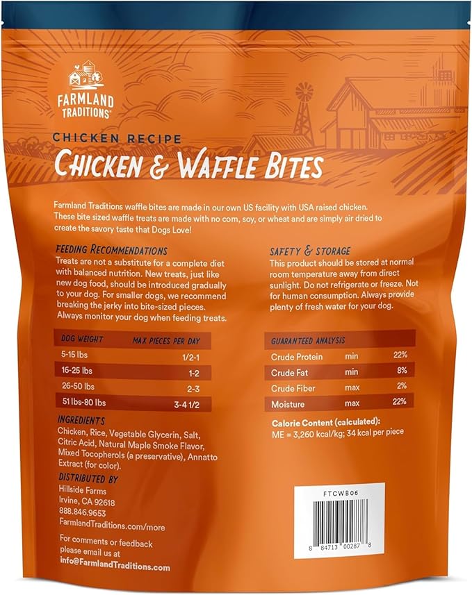 Farmland Traditions Chicken & Waffle Bites, Gluten-Free Dog Treats, Made in USA for All Breeds & Sizes, 6 Oz Bag