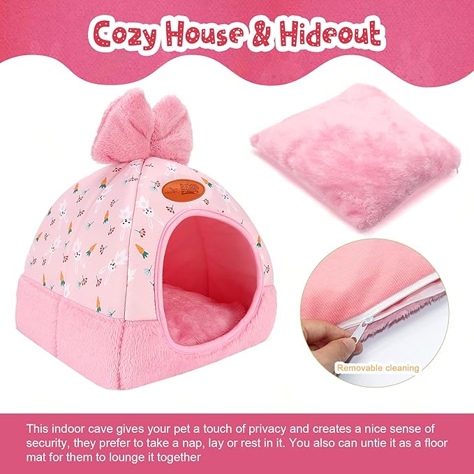 YUEPET Bunny Bed Warm Guinea Pig Cave Beds Cute Bowknot House Big Hideouts Cage Accessorie for Dwarf Rabbits Hamster Bunny Ferrets Rats Hedgehogs Chinchilla(Carrot)