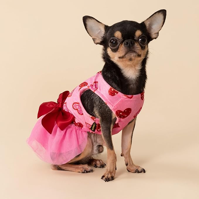 Fitwarm Pink Heart Tulle Dog Dress, Fancy Valentines Outfit for Small Dogs Girl, Festive Pet Clothes, Pink, Red, Medium