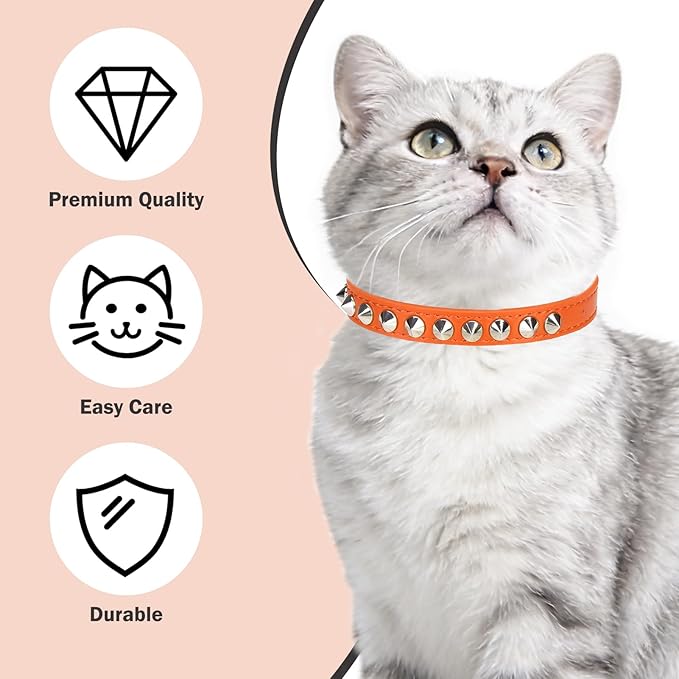 Leather Cat Collars for Boy Girl Cats with Bell and Safety Elastic Belt, Personalized Rivets Stud Adjustable Safe Buckle Collar with Skull Charm for Kitty Small Pets, Halloween Cat Collar