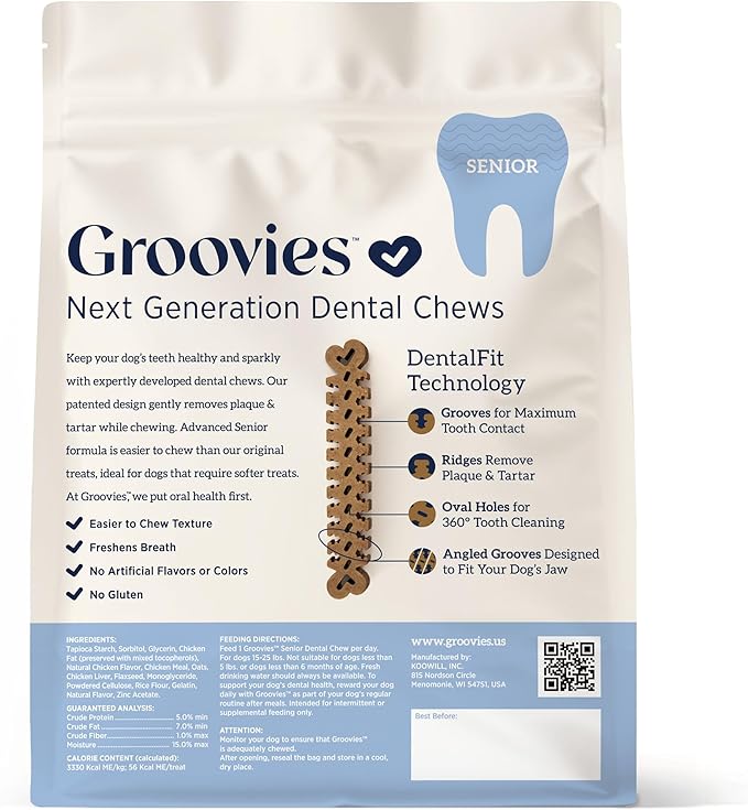 Groovies Senior Medium Dog Dental Chews for Dogs, Patented DentalFit Technology for Plaque & Tartar Support, Flexible Texture for Easy Chewing, Chicken Flavor, USA Manufactured,15–25 lb Dogs,10 Count