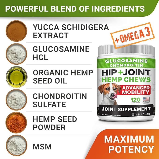 STRELLALAB Hemp Chews for Dogs - Bundle of Hip and Joint + Calming Supplement - Joint Pain & Anxiety Relief Treats - Advanced Mobility Support - Made in USA (Pack of 2, 240Ct)