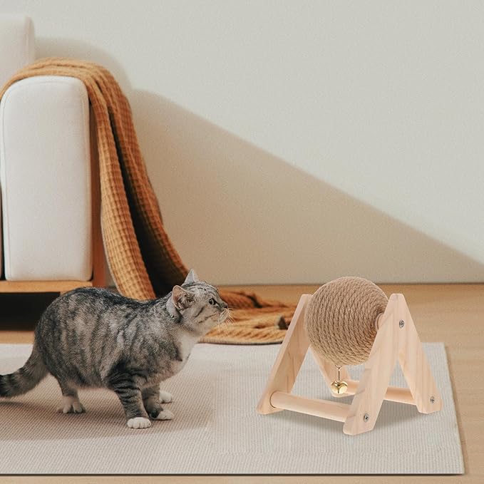 POPETPOP Rabbit Scratching Globe Toy - Natural Wood Sisal Kitten Scratch Ball with Bell Toy, Rabbit Scratching Toy for Indoor Cats, Rabbits Small Animals, Chewing and Grinding Toy