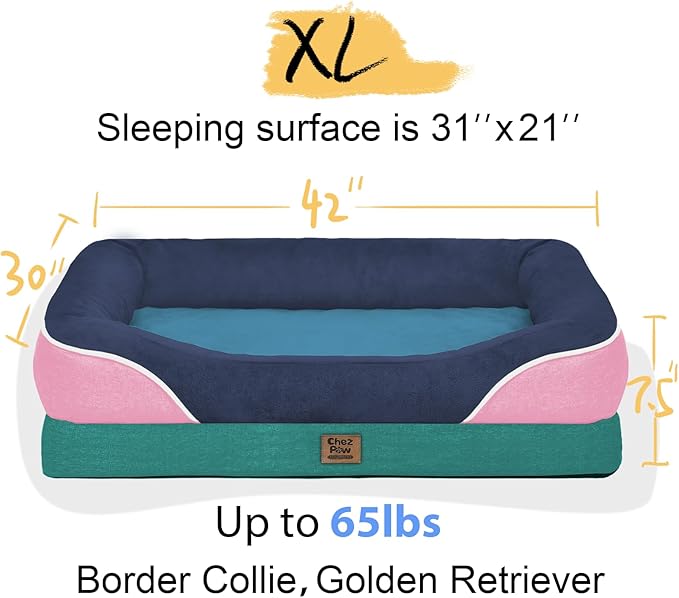Chez Paw Extra Large Dog Bed Orthopedic - XL Orthopedic Dog Beds Waterproof Pet Couch Memory Foam Sofa Bolster with Removable Cover - 42 x 30