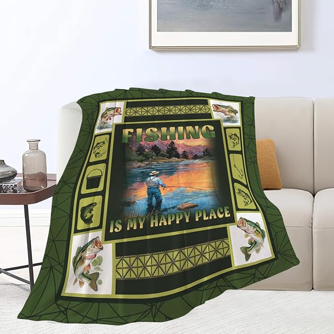 Fish Throw Blanket Fishing Stuff Gifts for Kids Girls Boys Adults Women Men Soft Cozy Warm Plush Fluffy Fuzzy Fleece Blanket Decor 40''X50''