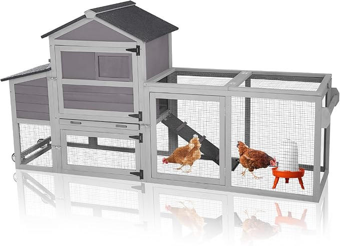 GUTINNEEN Mobile Chicken Coop with Wheels for 2-4 Chickens, Expandable Wooden Hen House with Divided Nesting Box, Reinforced Coop Balcony, Roosting Perch, Metal Pull-Out Tray, 82.4" L (Brown)