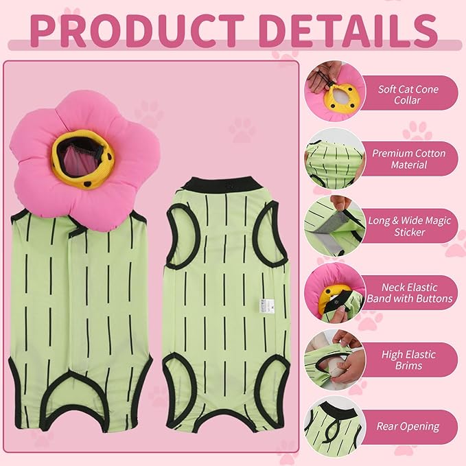 EMUST Cat Recovery Suit and Cat Surgery Suit, Cats Surgical Suit for Abdominal Wounds, Soft & Adjustable Flower Cats Cone Collar, After Surgery for Female Kittens Under 4lb(Green, S)