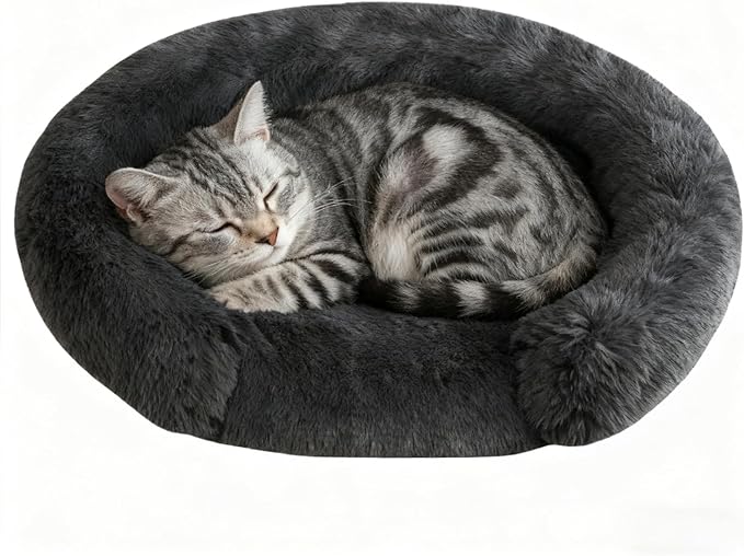 Calming Dog & Cat Beds for Small Medium Dogs Cats, Anti-Anxiety Pet Bed Orthopedic Donut Cushion, Soft Fluffy Faux Fur Warming Cozy Washable, Fits up to 15 lbs Pets (Round, Dark Grey 20")