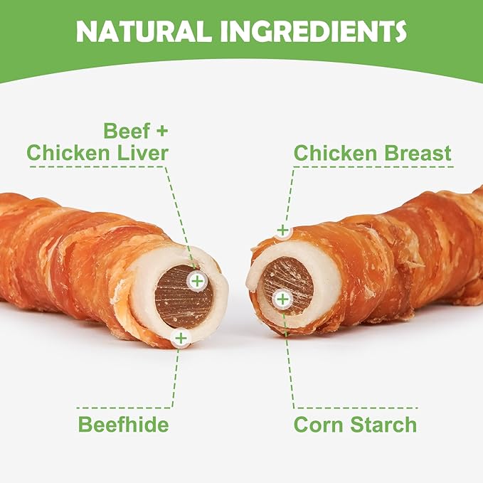 MON2SUN Dog Treats 5 Inch Chicken Wrapped Stuffed Rawhide Rolls with Beef and Chicken Liver, Rawhide Chews for Small and Medium Dogs, 10.6 oz (6 Count)