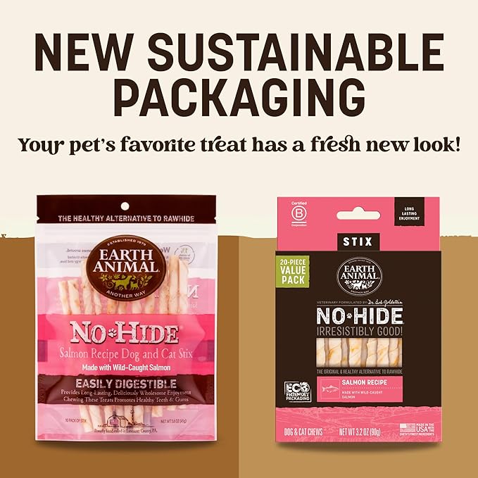 Earth Animal No Hide Stix - Long Lasting Rawhide Free Small Dog Chews Sticks, Salmon - 80 Count Extra Value Pack