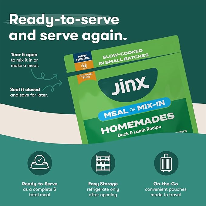 Jinx Wet Dog Food Pouches, Meal or Dog Food Topper Mix with Dry Dog Food, Made with Real Lamb & Duck, Bone Broth, No Fillers, Puppy, Adult, Senior, 9oz, 6 Pack