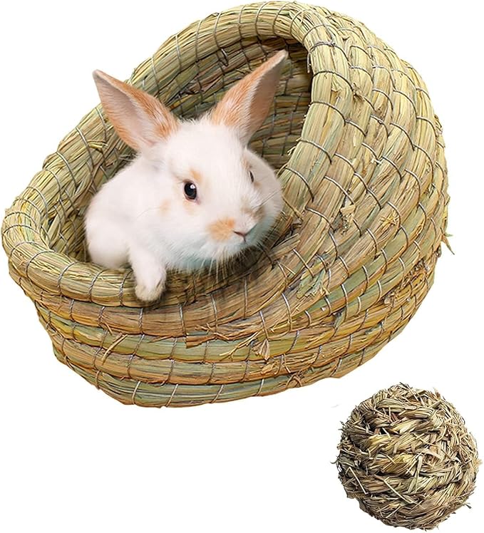 kathson Rabbit Grass House Bunny Woven Hay Bed Guinea Pig Hideout Hand Woven Natural Grass House for Hamster and Small Animals with Hay Chew Balls Toys