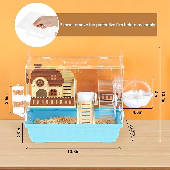 Acrylic Hamster Cage Small Hamster Habitat 360 Viewing Hamster Enclosure with Running Wheel & Hideout for Dwarf, Guinea Pig, Gerbils, Blue, 13.3" L*10.2" W*12.4" H