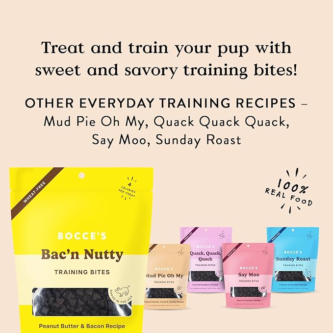 Bocce's Bakery Bac'N Nutty Training Treats for Dogs, Wheat-Free Dog Treats, Made with Real Ingredients, Baked in The USA, Natural & Low Calorie Training Bites, PB & Bacon Recipe, 6 oz