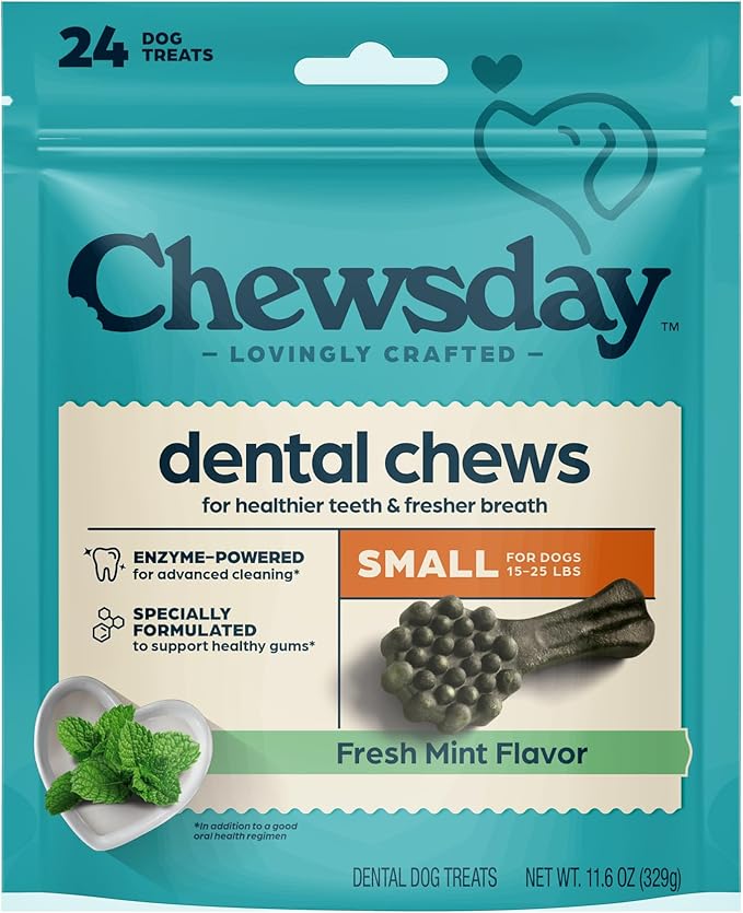 Chewsday Fresh Mint Flavor Dental Chews, Small Dog Treats, 24 Count